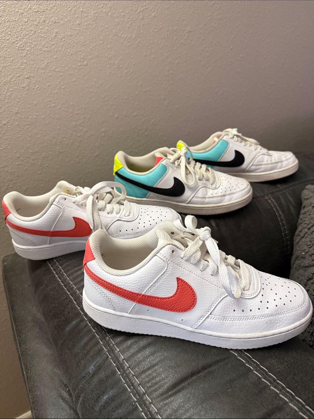 Nike Women’s White Leather Sneakers with Coral and Teal Accents